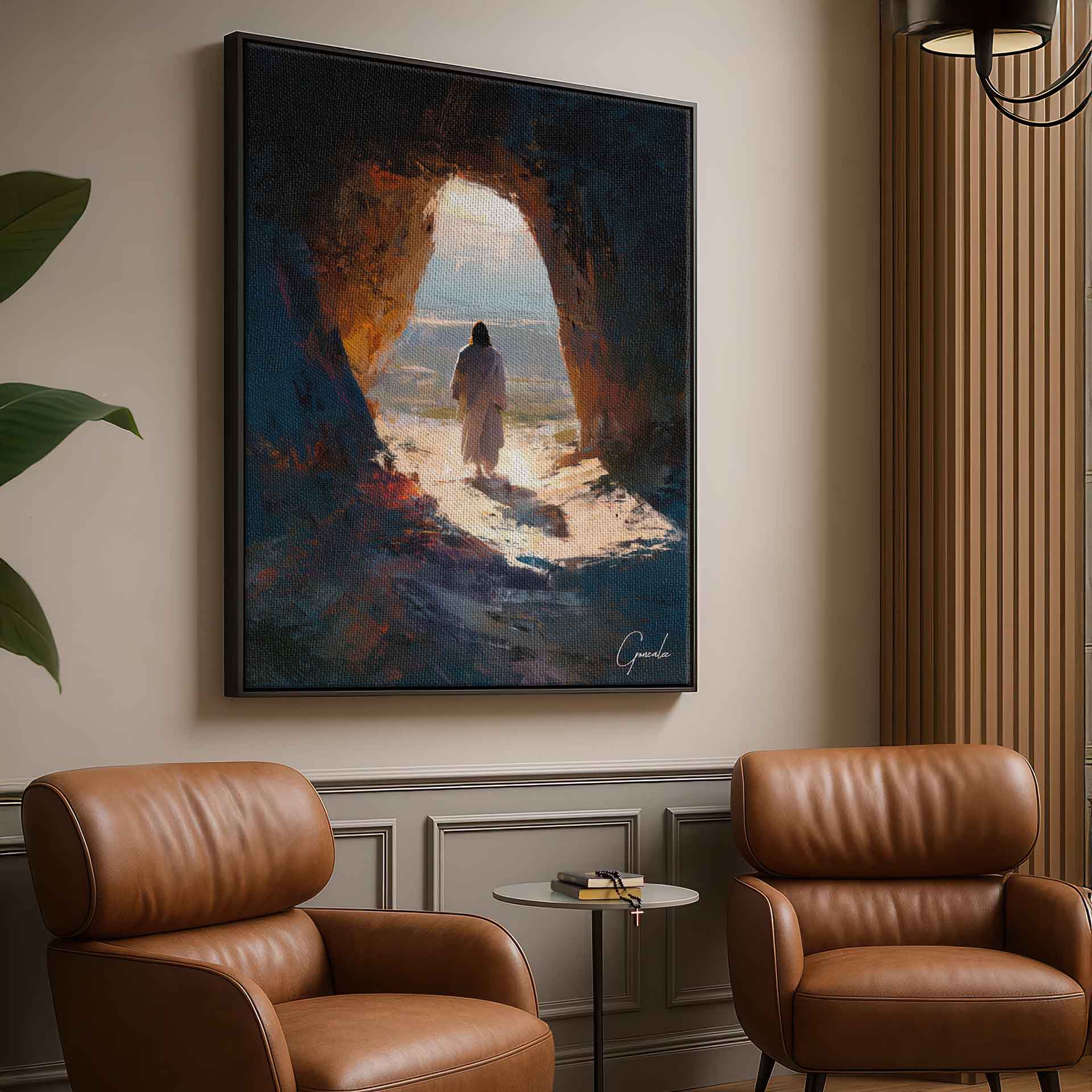 Contemplative mood suited for contemporary, minimalist religious decor.