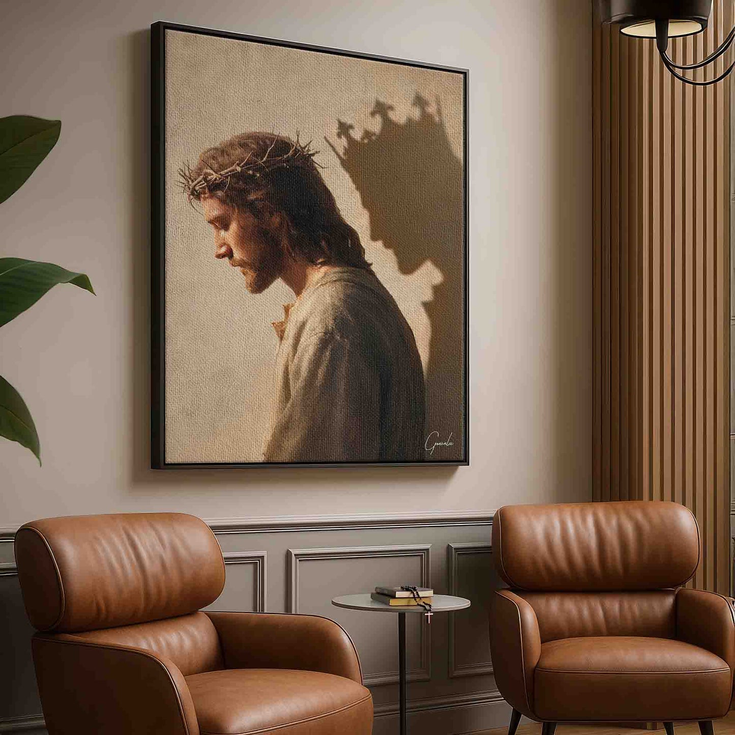Earth-toned garment in a classic religious wall art piece
