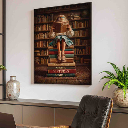 Angle view of tall bookshelves filled with warm-toned volumes behind the reading girl