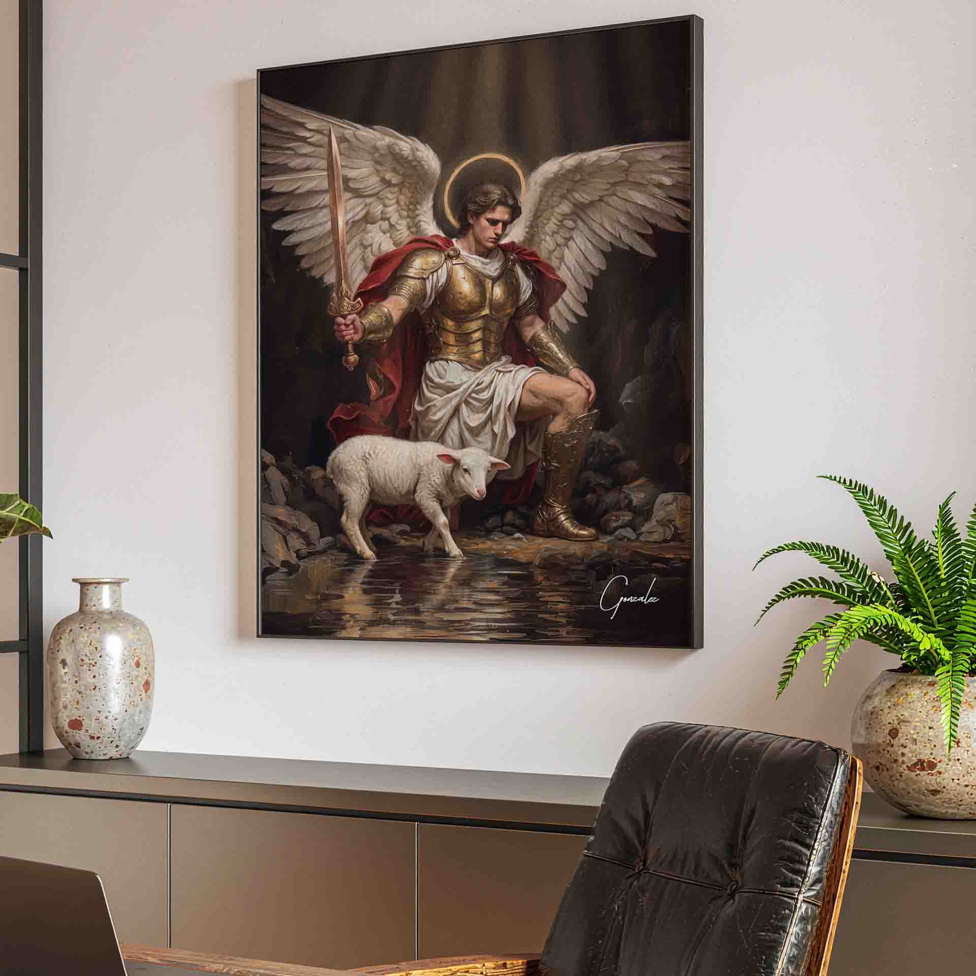 Reflective pool sits before the kneeling archangel and the lamb.