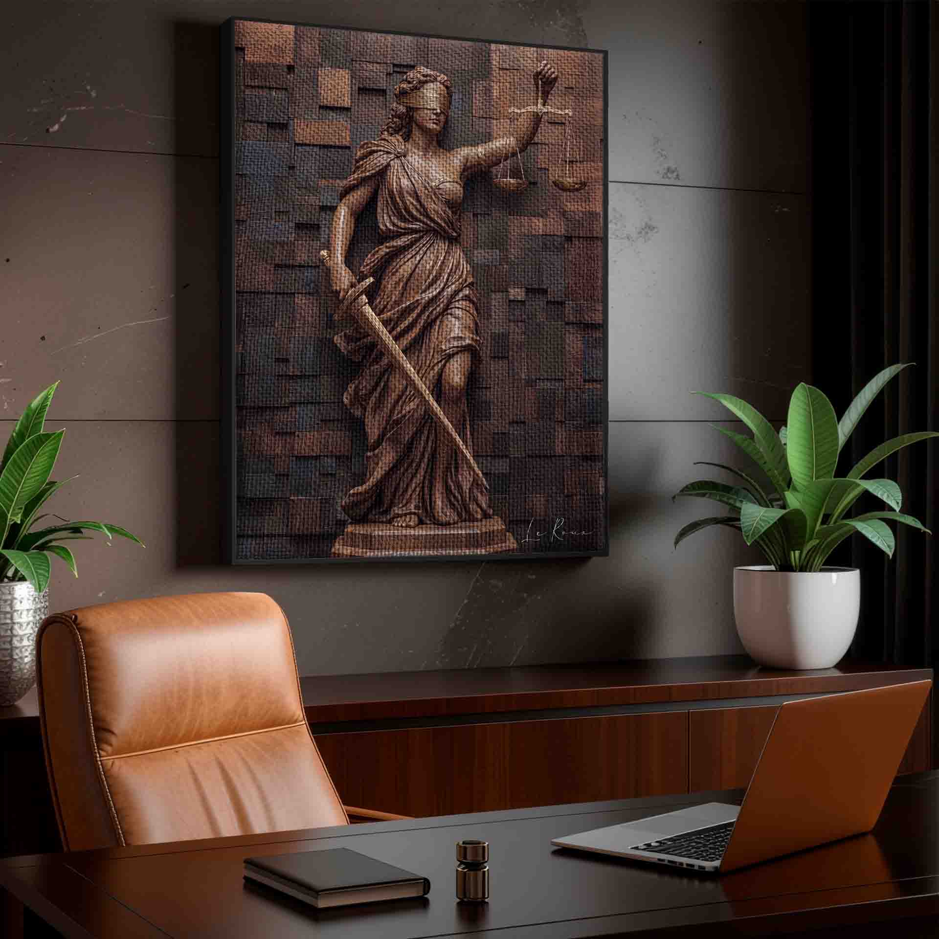 Textured background made from varied wooden blocks adding depth to the wall art.