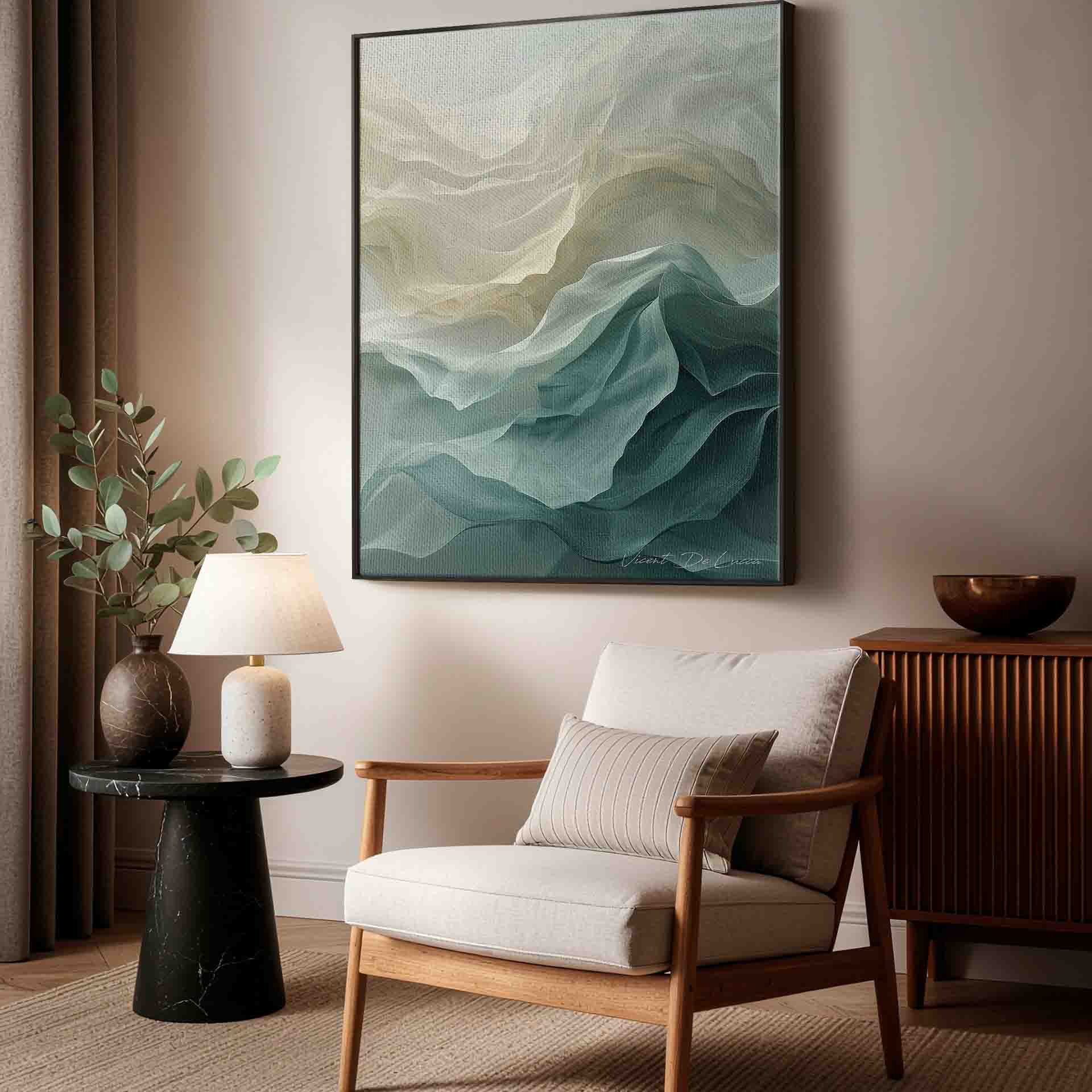 Scandinavian style abstract wall art in cream, mint and teal hues