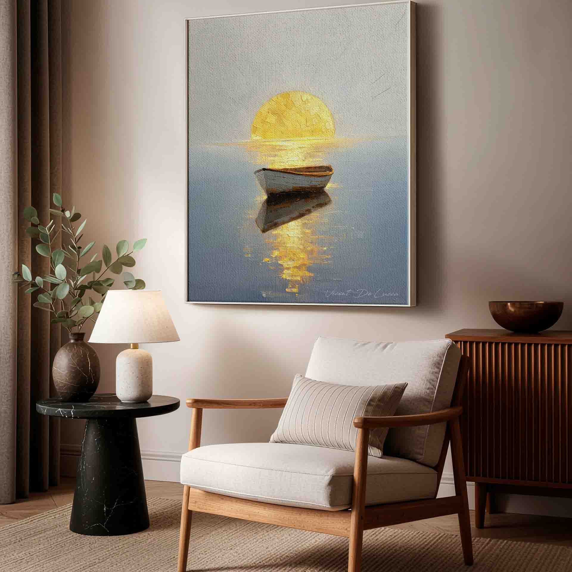 Solitary weathered boat on tranquil horizon scene