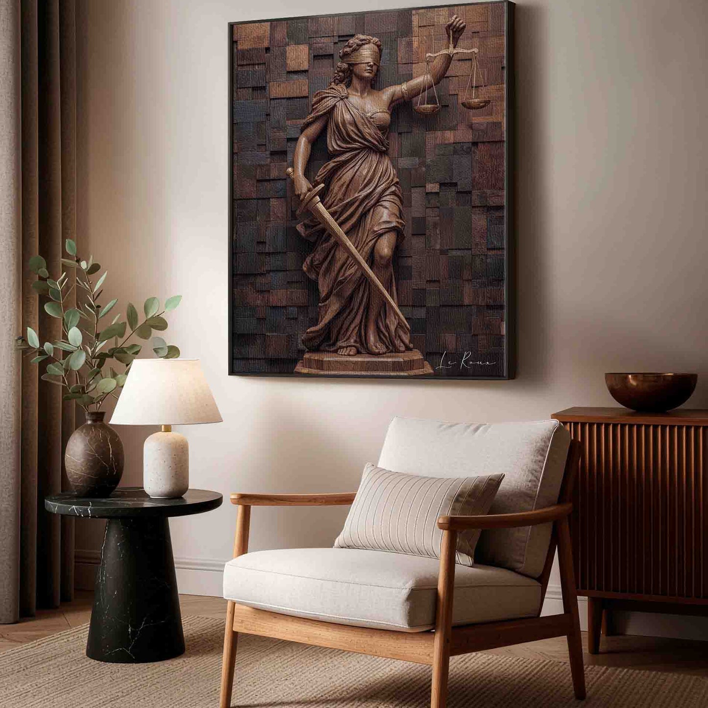 Full view of the wooden goddess wall art in a rustic-industrial interior.