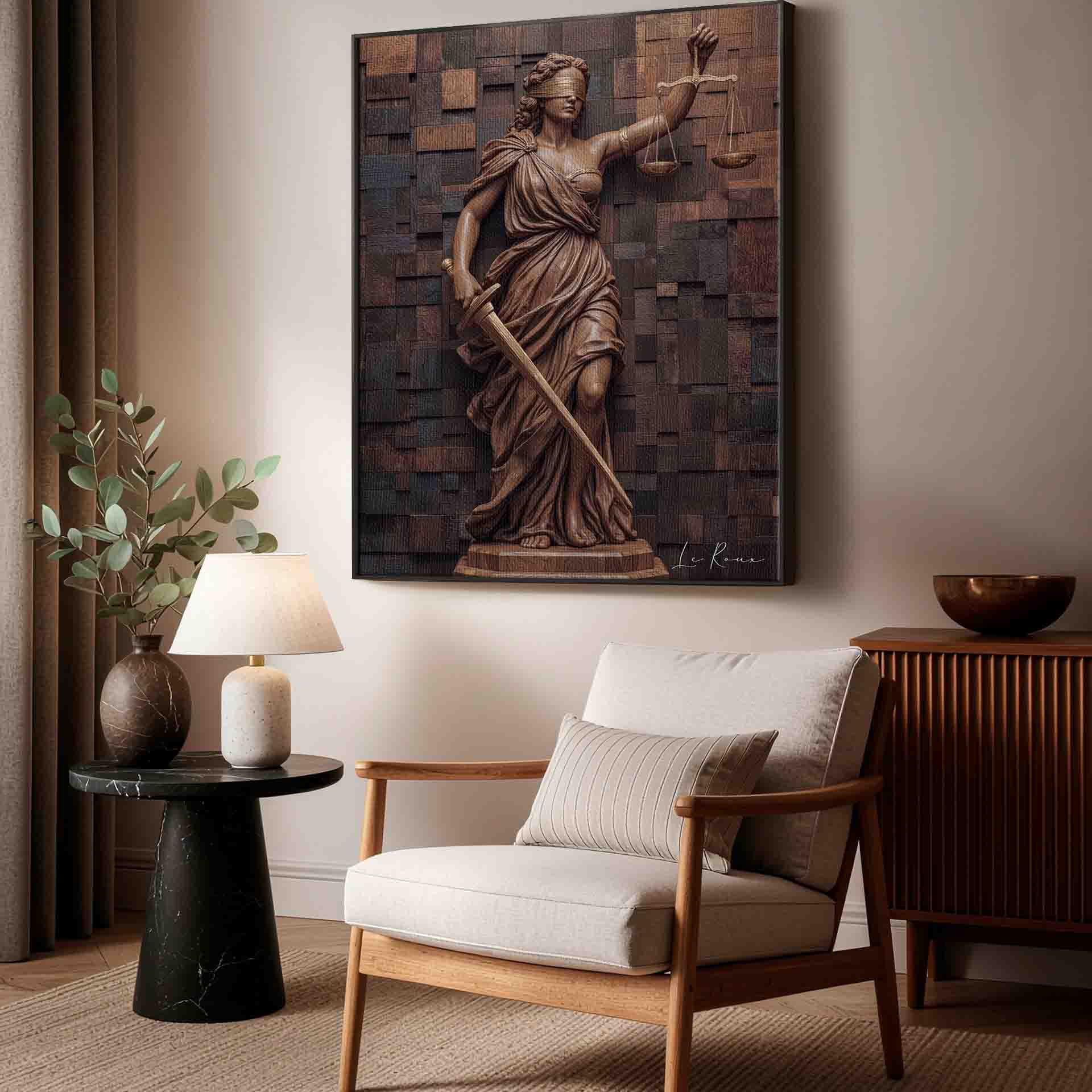 Full view of the wooden goddess wall art in a rustic-industrial interior.