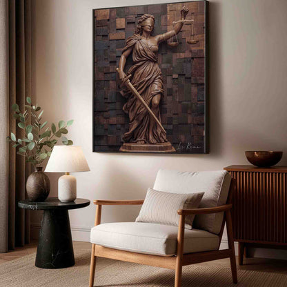 Full view of the wooden goddess wall art in a rustic-industrial interior.