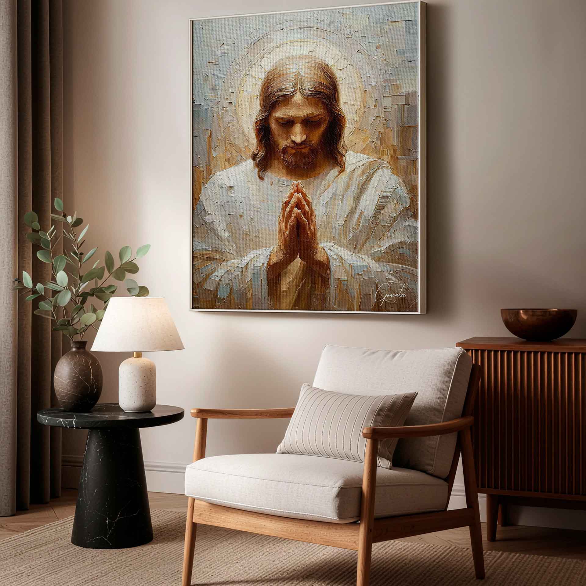 Cream and white highlights add serenity to religious wall art