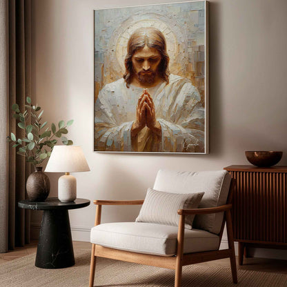 Cream and white highlights add serenity to religious wall art