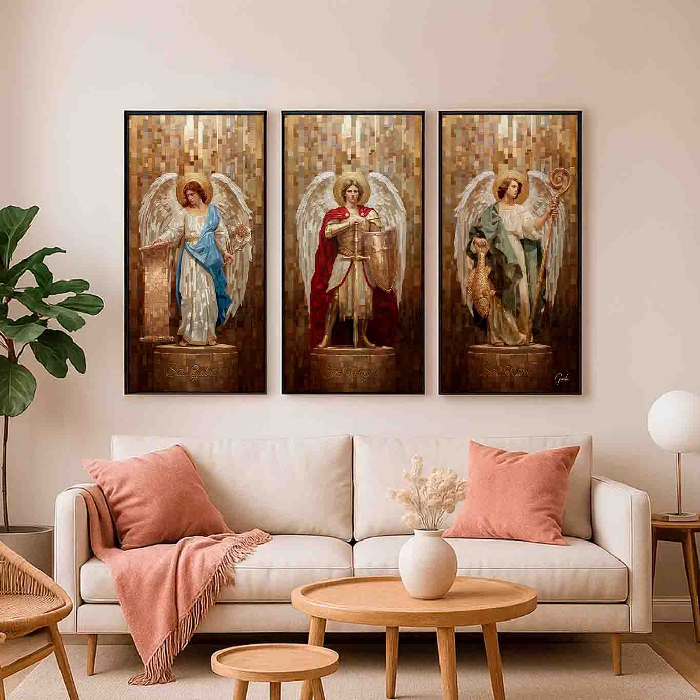 Saint Michael with sword and shield depicted in vibrant mosaic colors.