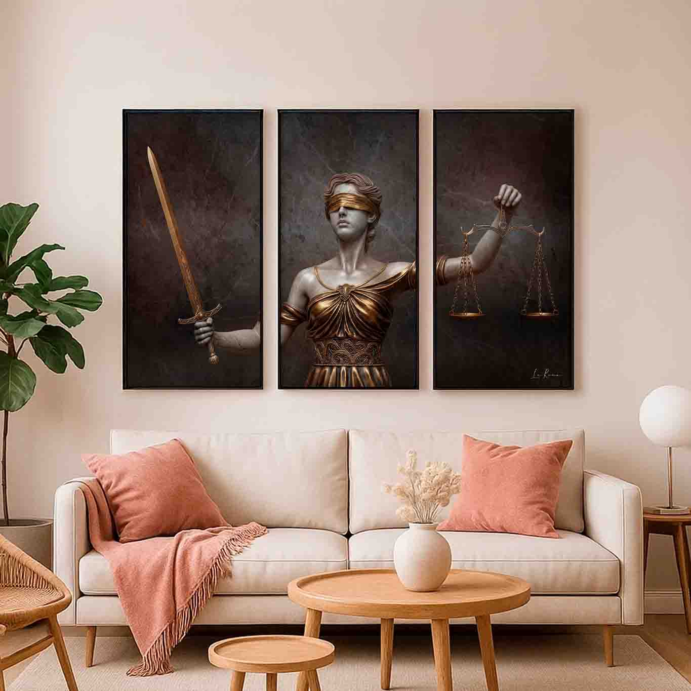 Dark grey marble background with gold and bronze highlights in a timeless justice-themed triptych