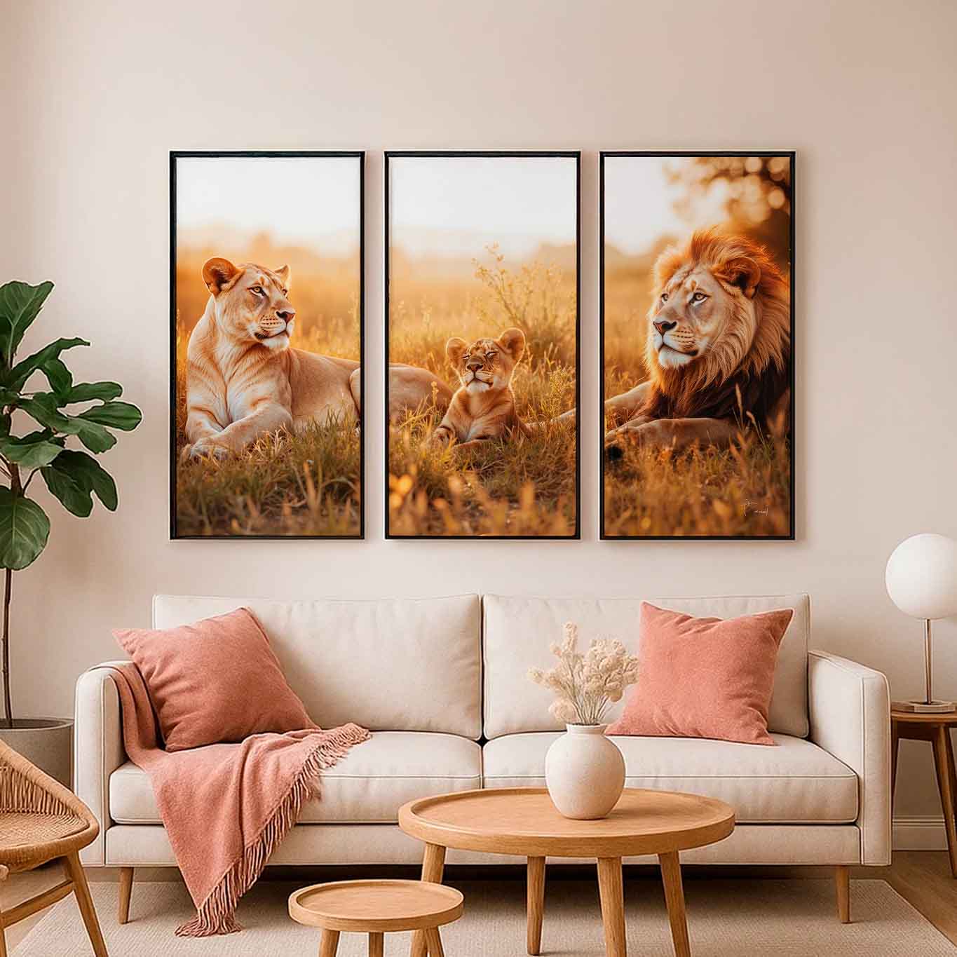 Rustic safari-themed interior with warm-toned animal wall art