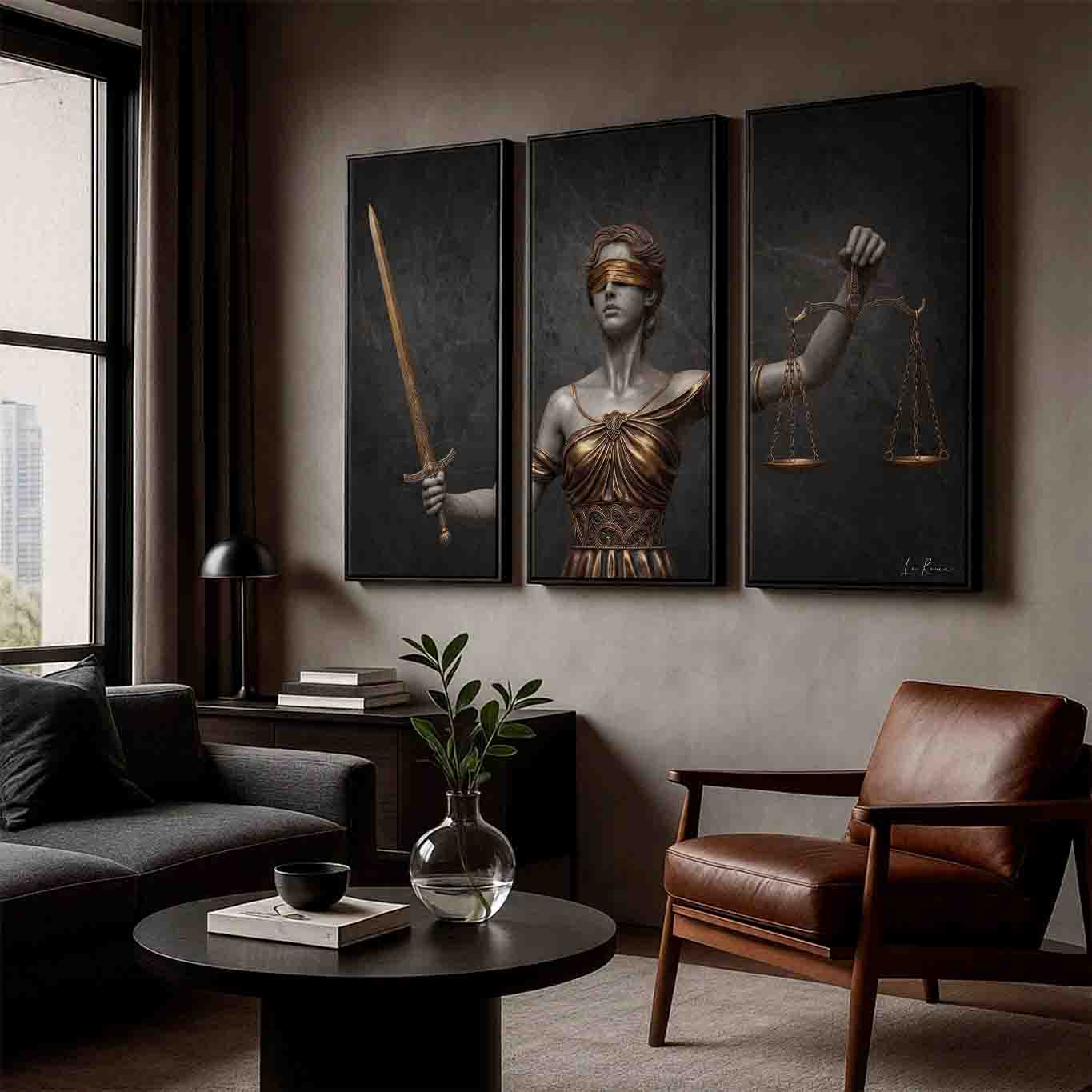 Close-up of the bronze-toned scales held by a dignified Lady Justice against grey marble