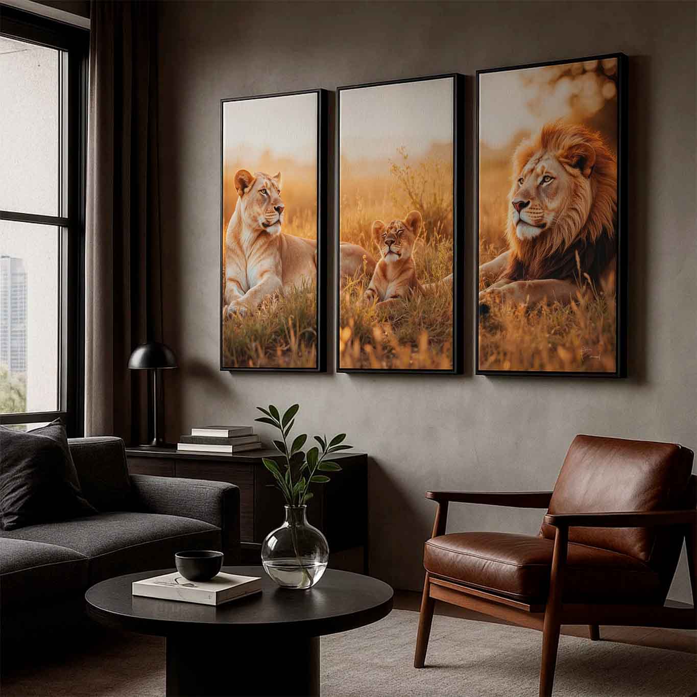 Right panel with a regal male lion in sunlit savanna