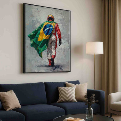 Vibrant Brazilian flag colors as a cape in a heroic scene
