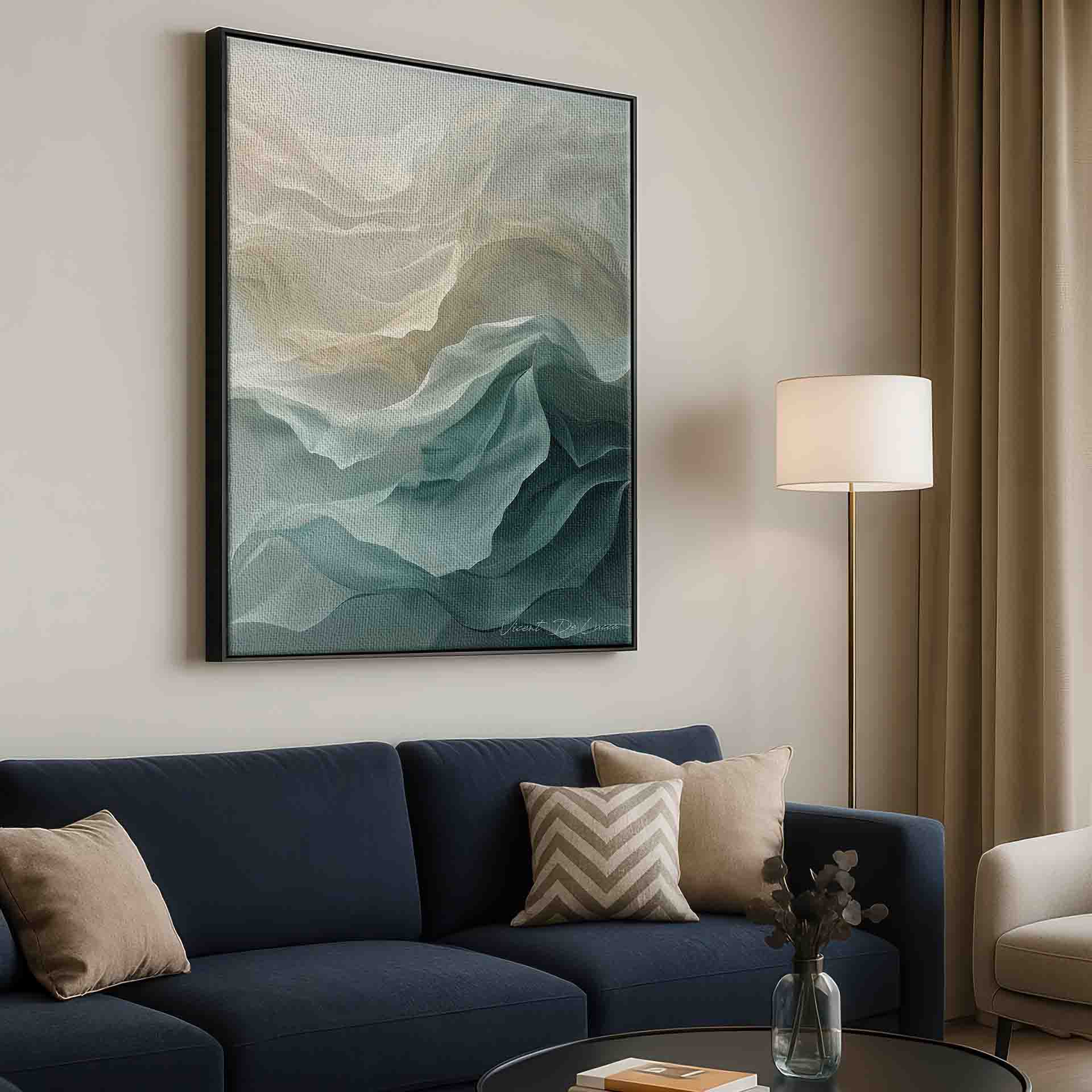 Layered abstract painting resembling translucent fabric in mint and beige