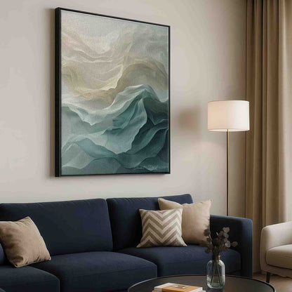 Layered abstract painting resembling translucent fabric in mint and beige