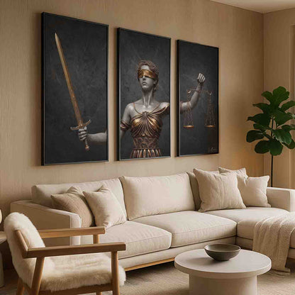 High-contrast artwork in gold, grey, and black tones conveying authority and integrity