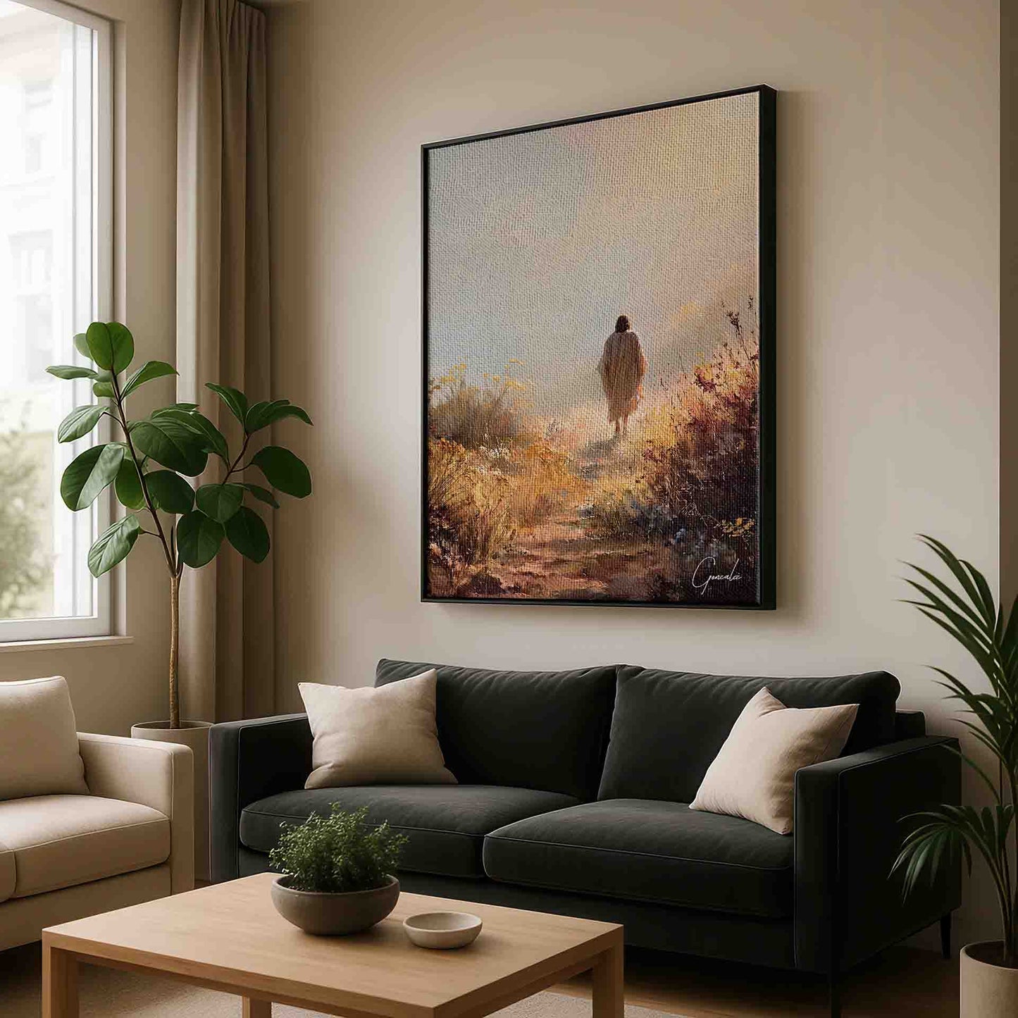 Christ-like figure as focal point along a winding path.