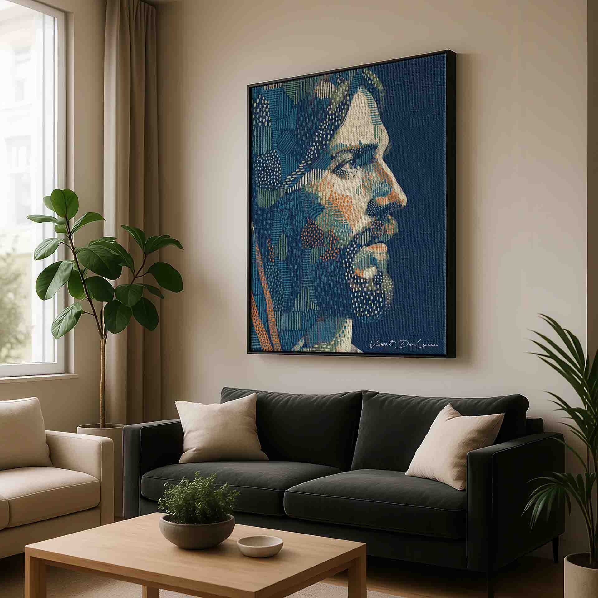 Jesus depicted with dots and geometric patterns in blue tones