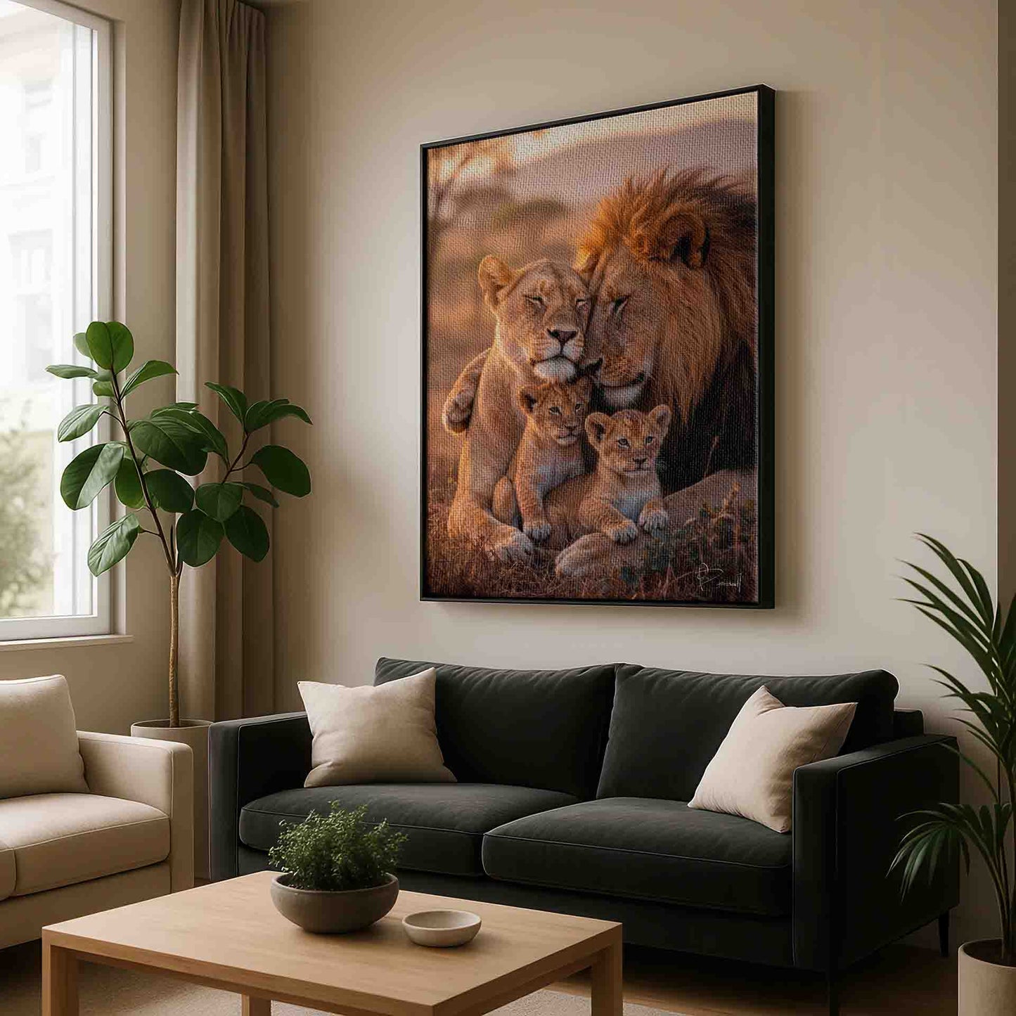 Close-up of lion cubs nestled at their parents' feet in golden hour wildlife art