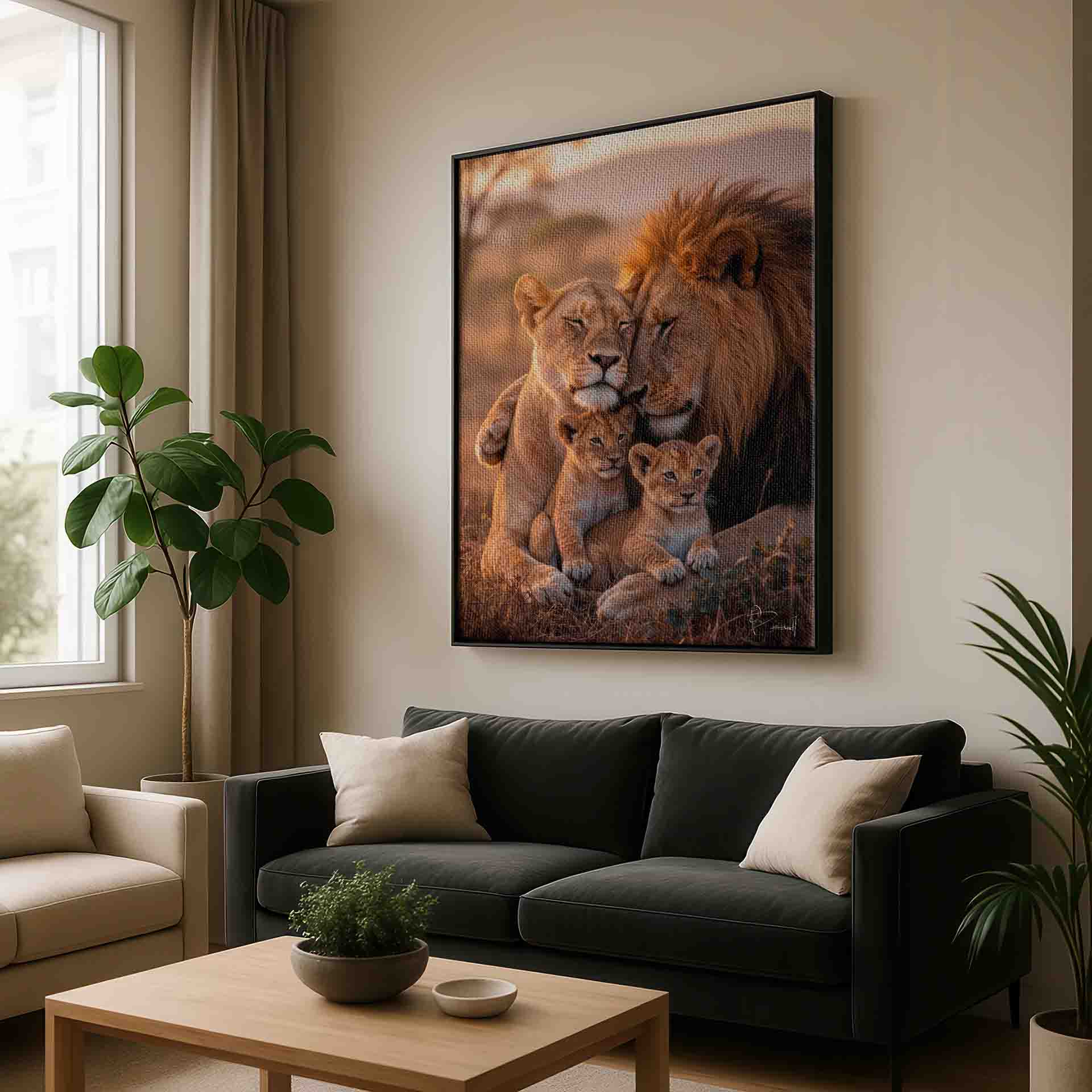 Close-up of lion cubs nestled at their parents' feet in golden hour wildlife art