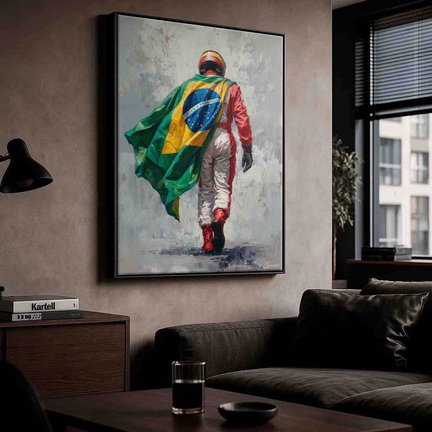 Close-up of the red and white racing suit and classic helmet in The Brazilian Hero Painting