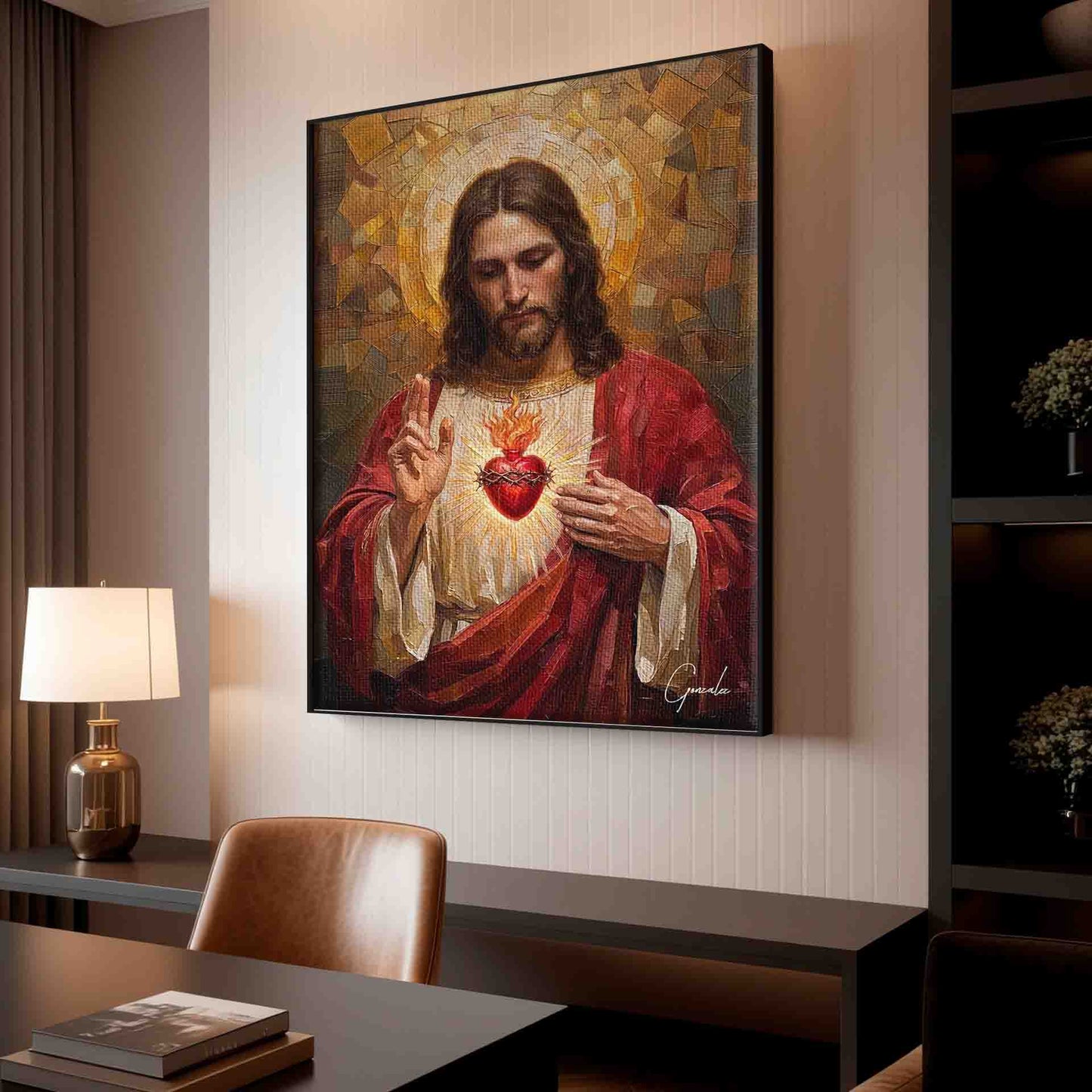 Mosaic-like background and halo surrounding the central figure.