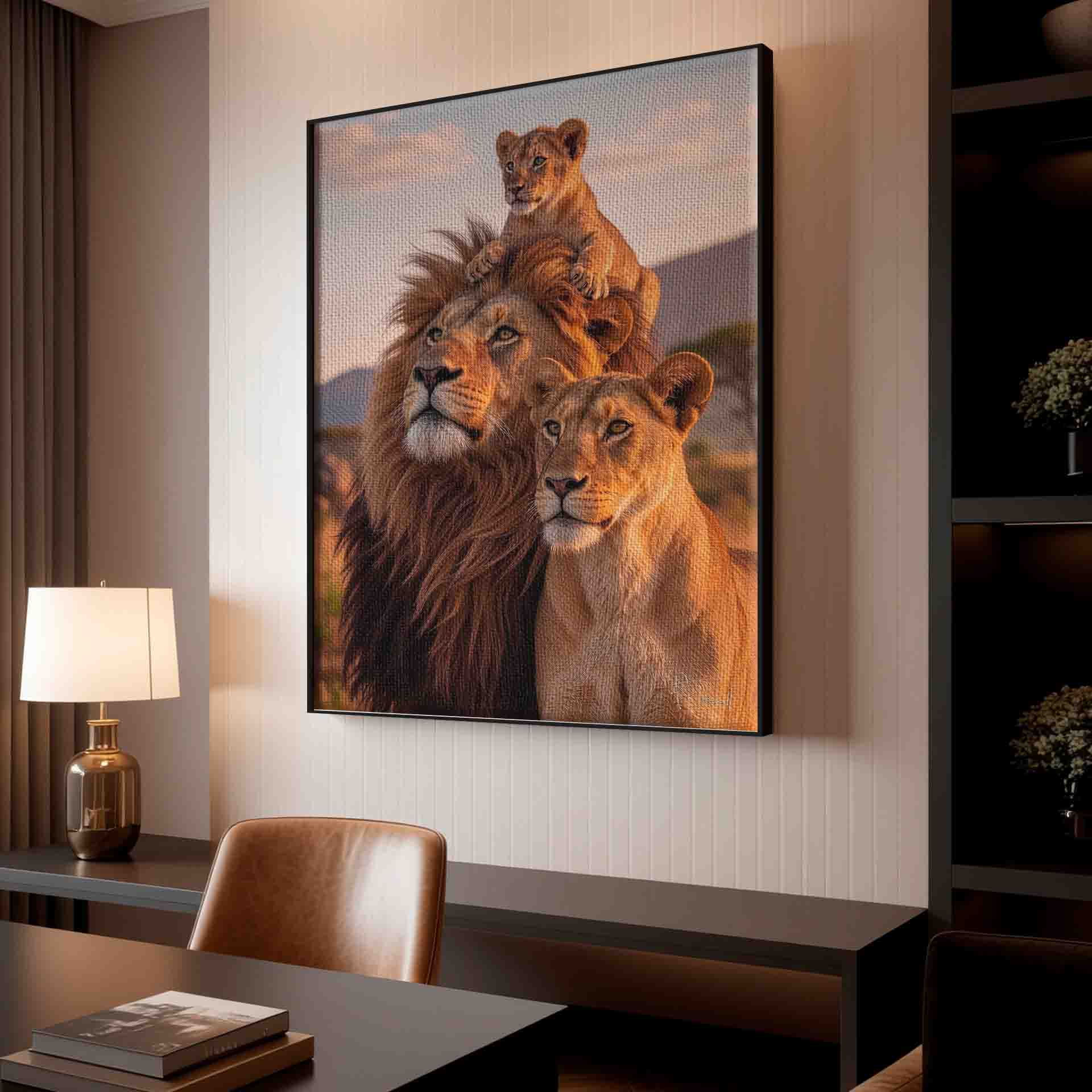 Close-up of detailed fur and facial expressions in sunset artwork.