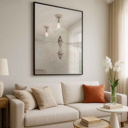 Soft brushstrokes and warm neutrals form a calming spiritual moment on the wall.