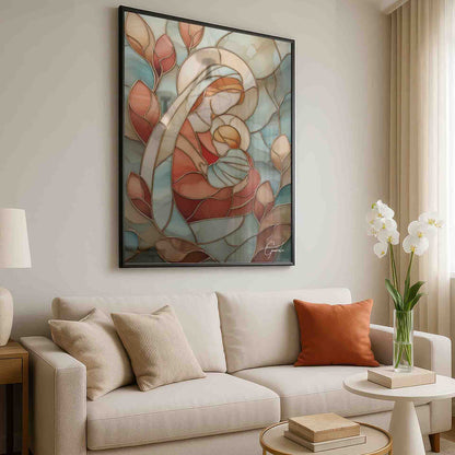 Contemporary icon-like painting of Madonna and Child in a warm palette