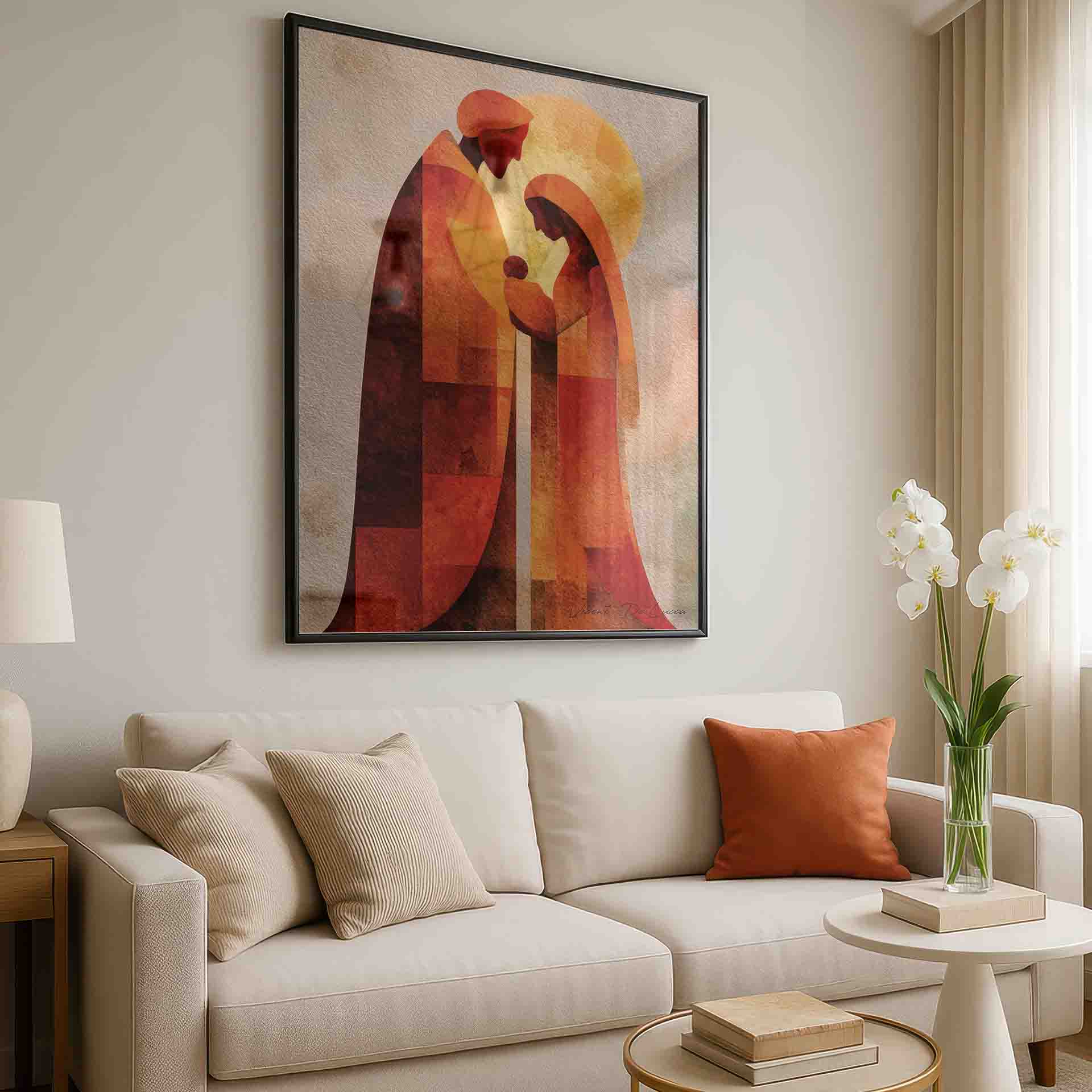 Warm orange, red, and yellow blocks forming the Holy Family in a stained-glass style