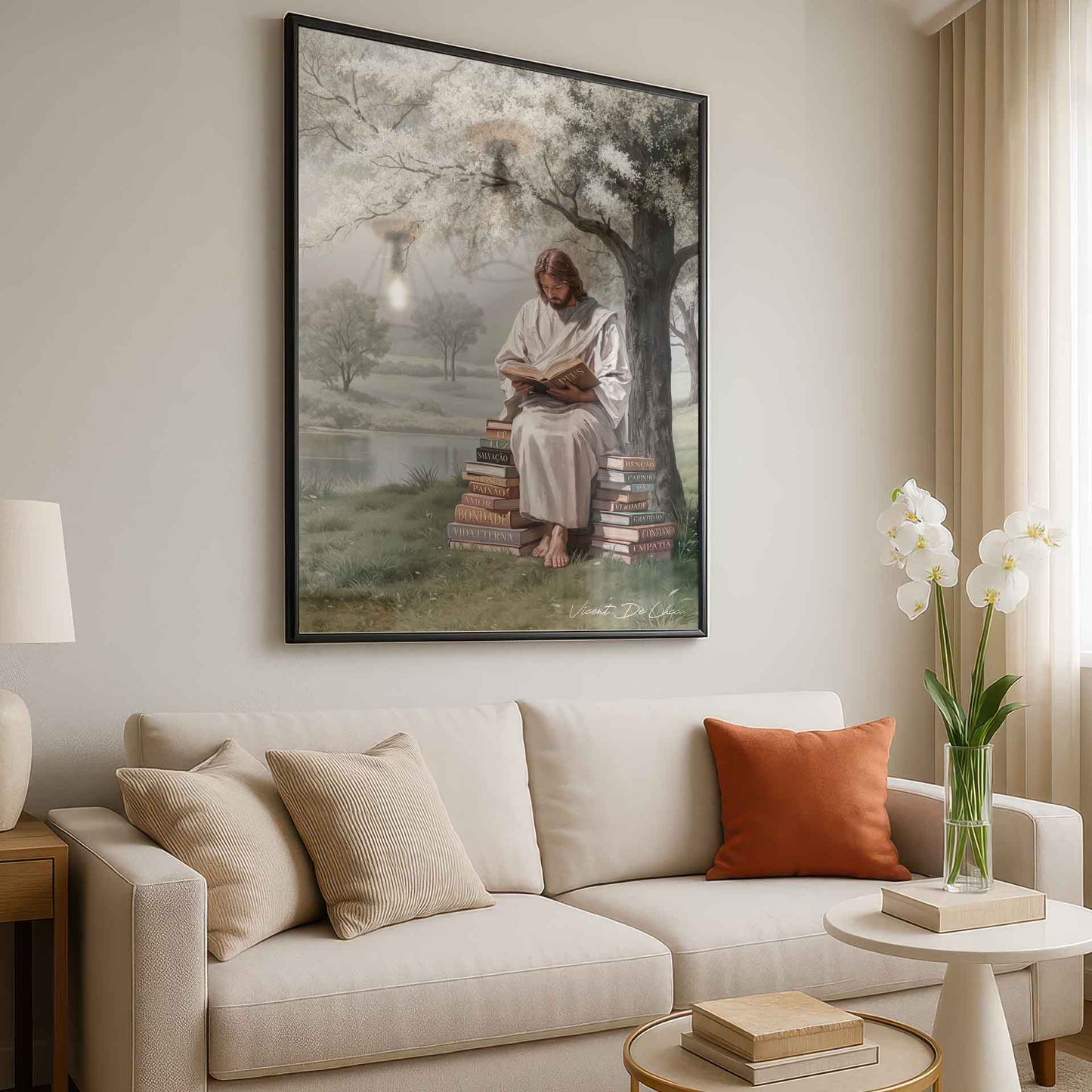 A majestic tree frames Jesus, emphasizing serenity and reflection