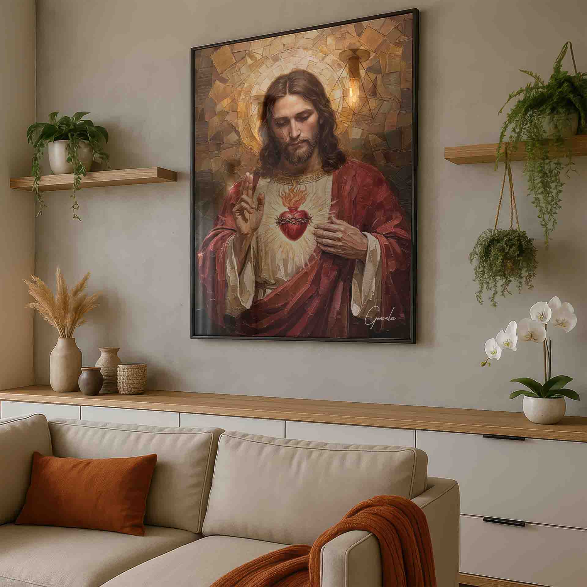 Rich palette of deep reds, warm golds, and earthy browns with textured brushstrokes.
