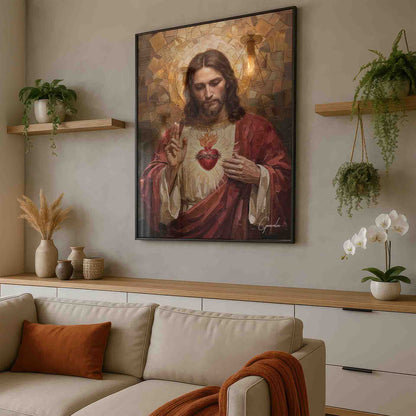Rich palette of deep reds, warm golds, and earthy browns with textured brushstrokes.