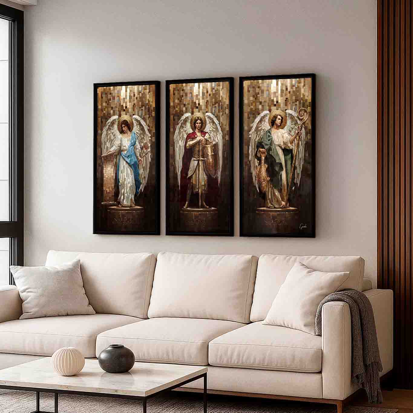 Angels' robes feature blues, reds, and greens on a shimmering mosaic surface.