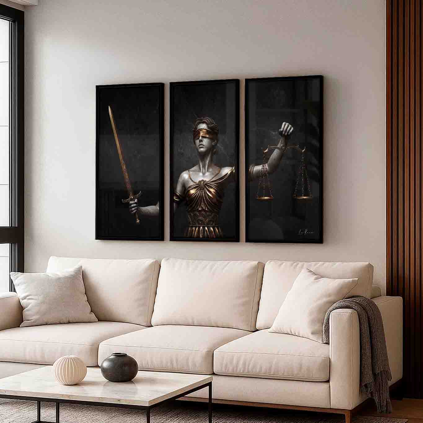 Elegant wall art arrangement suited for formal offices and law firms