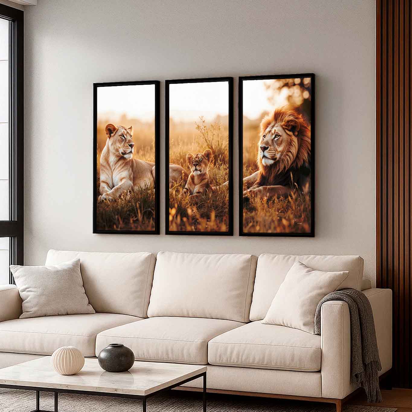 Wide view of the three-piece Lions' Resting Painting displayed on a wall