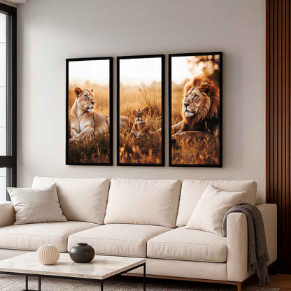Wide view of the three-piece Lions' Resting Painting displayed on a wall