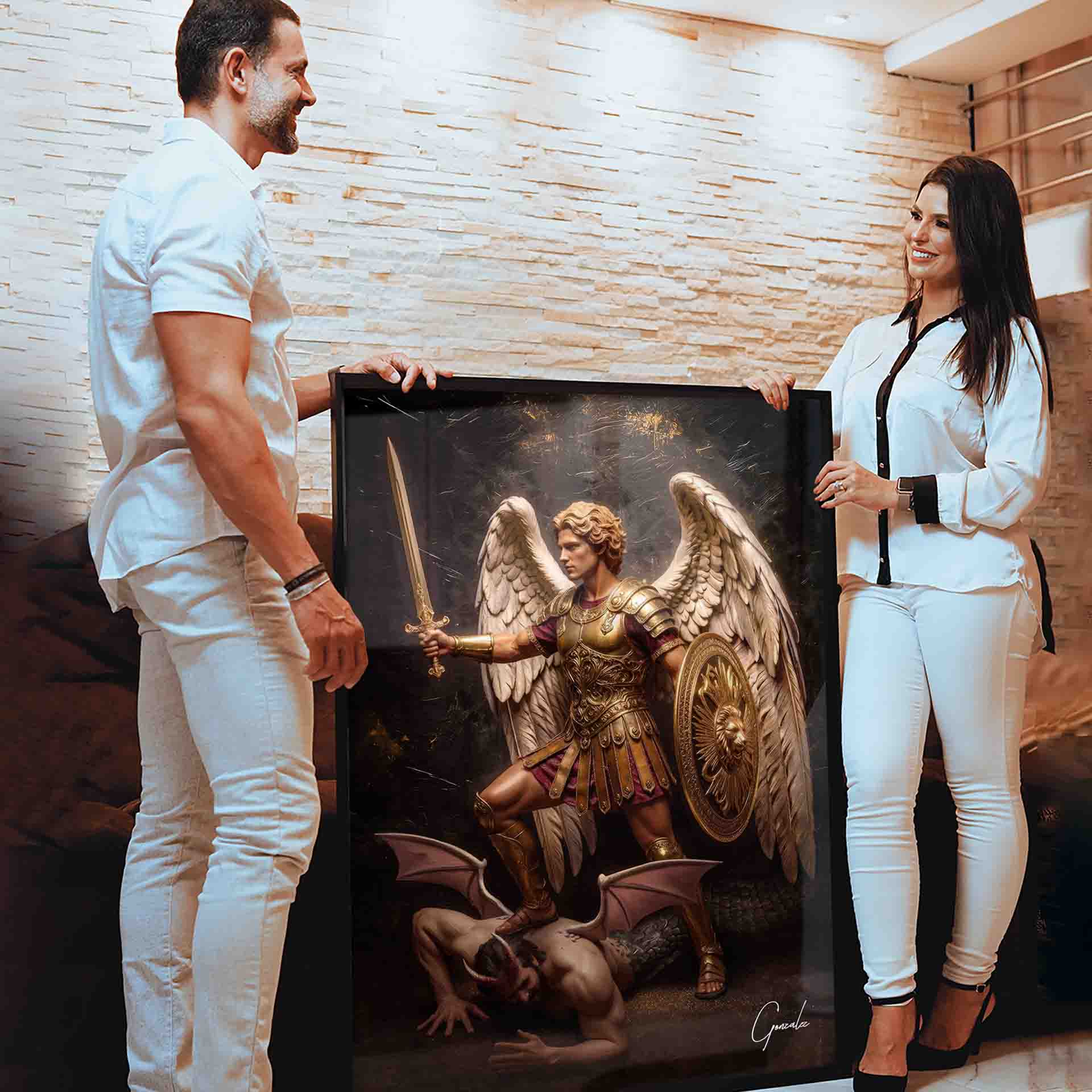 Heroic fantasy influenced Saint Michael artwork suitable for living rooms, studies, or offices.