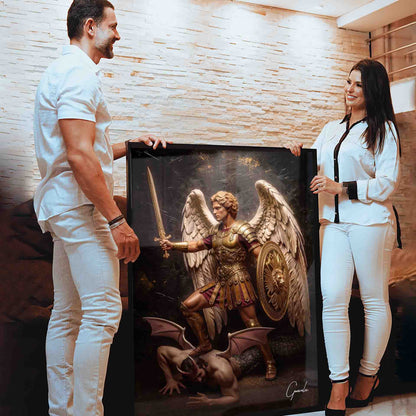 Heroic fantasy influenced Saint Michael artwork suitable for living rooms, studies, or offices.