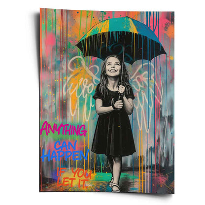 Grayscale portrait of a smiling young girl holding a bright umbrella against a neon graffiti backdrop.