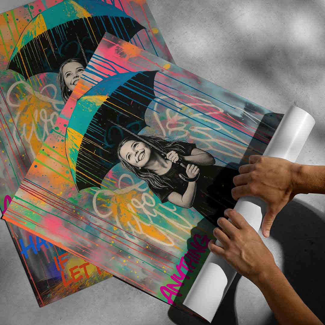 Energetic pop art poster suitable for modern, urban, or eclectic room decor.