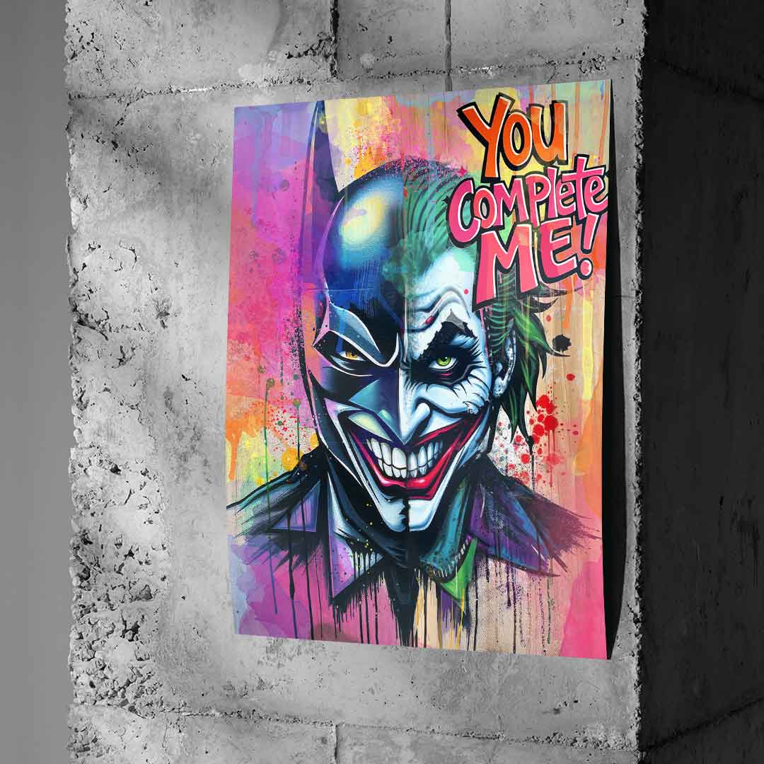Close-up of Batman's stoic half merging into the Joker's manic grin against a multicolor splatter background.