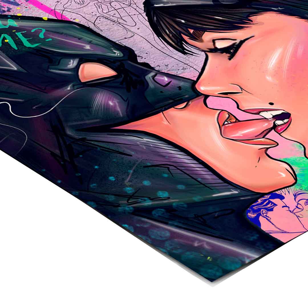 Bold outlined characters against a vibrant, graffiti-filled backdrop with dynamic color blocks.