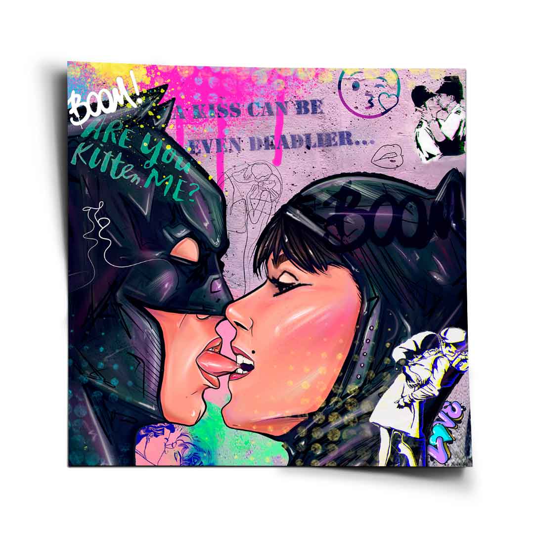 Close-up of Batman and Catwoman kissing in bold pop-art style with graffiti elements and neon blue, pink, and purple accents.