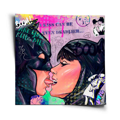 Close-up of Batman and Catwoman kissing in bold pop-art style with graffiti elements and neon blue, pink, and purple accents.