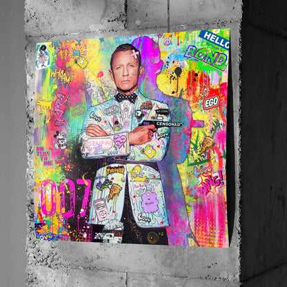 Close-up of bold neon colors including electric pinks, blues, yellows, and greens bursting behind Bond's portrait in a street-art collage.