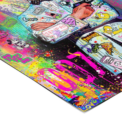 High-energy Pop Art style blending celebrity portrait with retro cartoon references for a contemporary urban vibe.