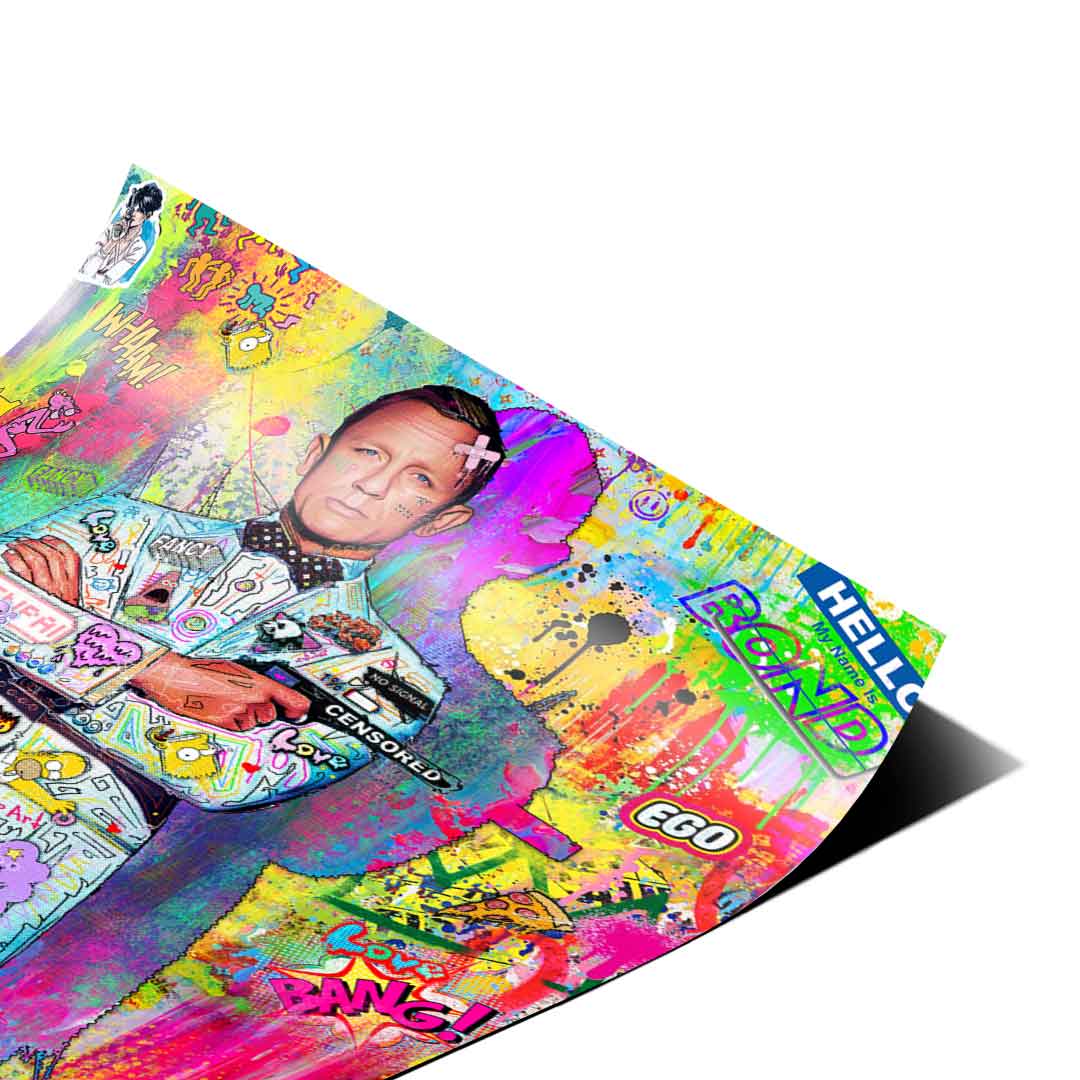 Graphic speech bubbles and graffiti tags fill the background, adding a bold, rebellious mood to the piece.