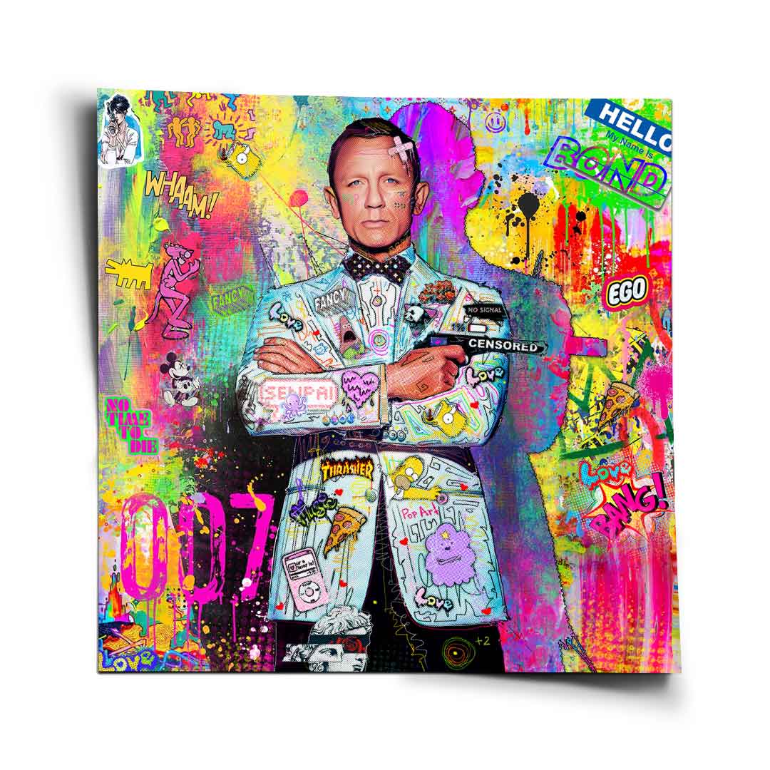 Bond poster square artwork featuring Daniel Craig as James Bond at the center with a pistol, surrounded by neon graffiti and pop-culture icons like The Pink Panther, Mickey Mouse, and Homer Simpson.